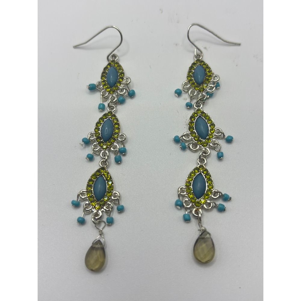 Boho Turquoise Blue Lime Green Rhinestone Chandelier Dangle Earrings Silver Tone